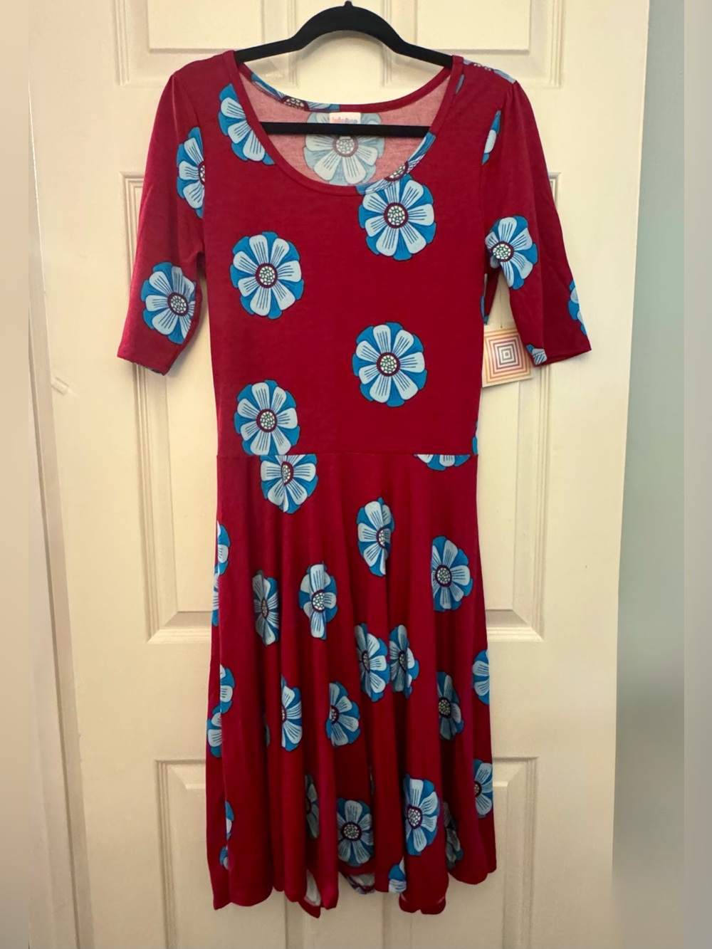 LuLaRoe Nicole Dress Red with Blue Floral Print